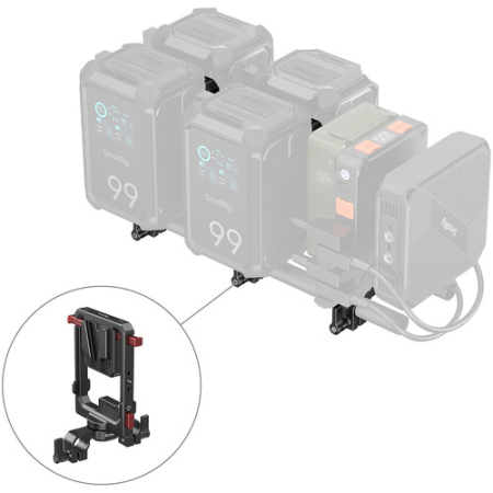 SmallRig 6273 - obrotowa płytka montażowa do akumulatora V-Mount (obustronny, 2x mocowanie V-Lock) z zaciskiem na 2x pręt 15mm - przykład użycia
